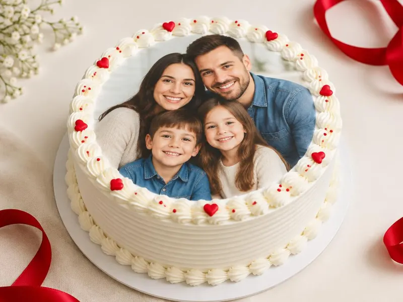 Cake topped with a printed family photo